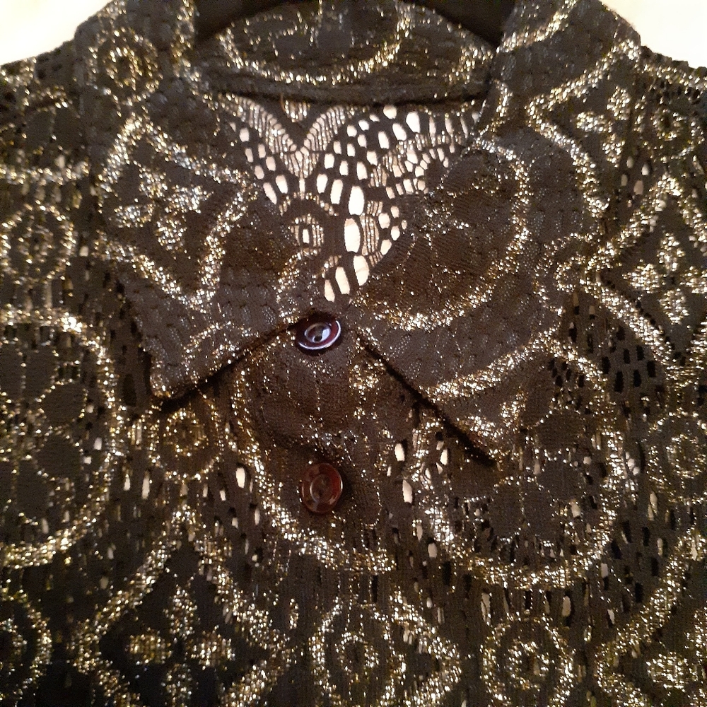 Vintage Lace & Metallic Patterned Buttoned Blouse - Picture 2 of 5